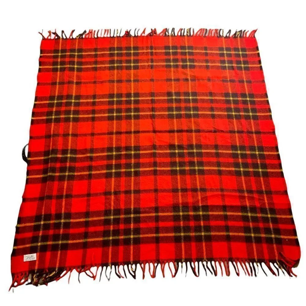 Vintage Faribo Fluff Loomed Wool Blanket 56 x 54 Red Tartan Plaid Fringe Throw